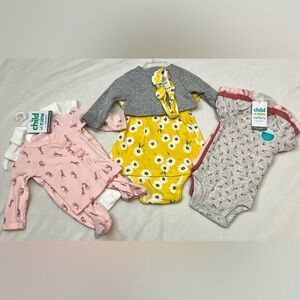 Carter’s Child of Mine LOT of Newborn Pink Yellow 3-Piece Outfits & Bodysuits
